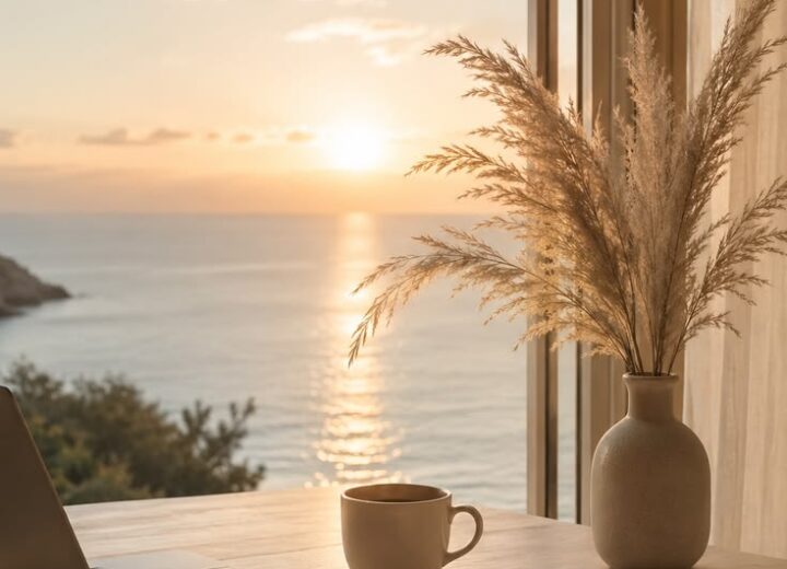 A laptop and open notebook on a desk facing a sunset over the sea