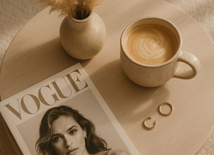 Vogue magazine, a flat white and gold hoops on a pale wood table