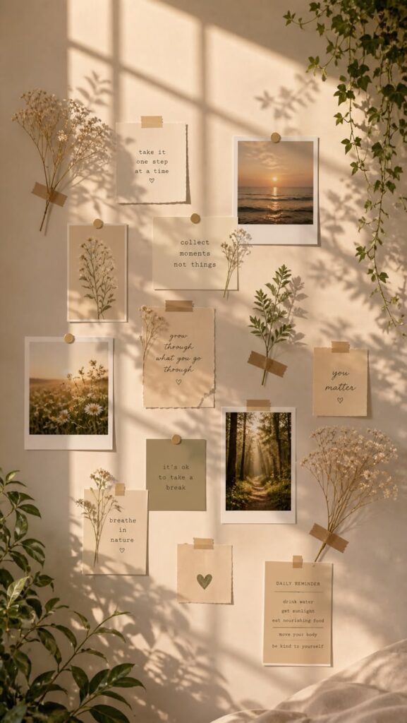 A moodboard of taped photographs and handwritten notes on a sunlit wall